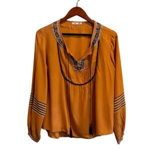 Dex Mustard Navy Embroidered 100% Viscose Boho Peasant Blouse Whimsy Size S